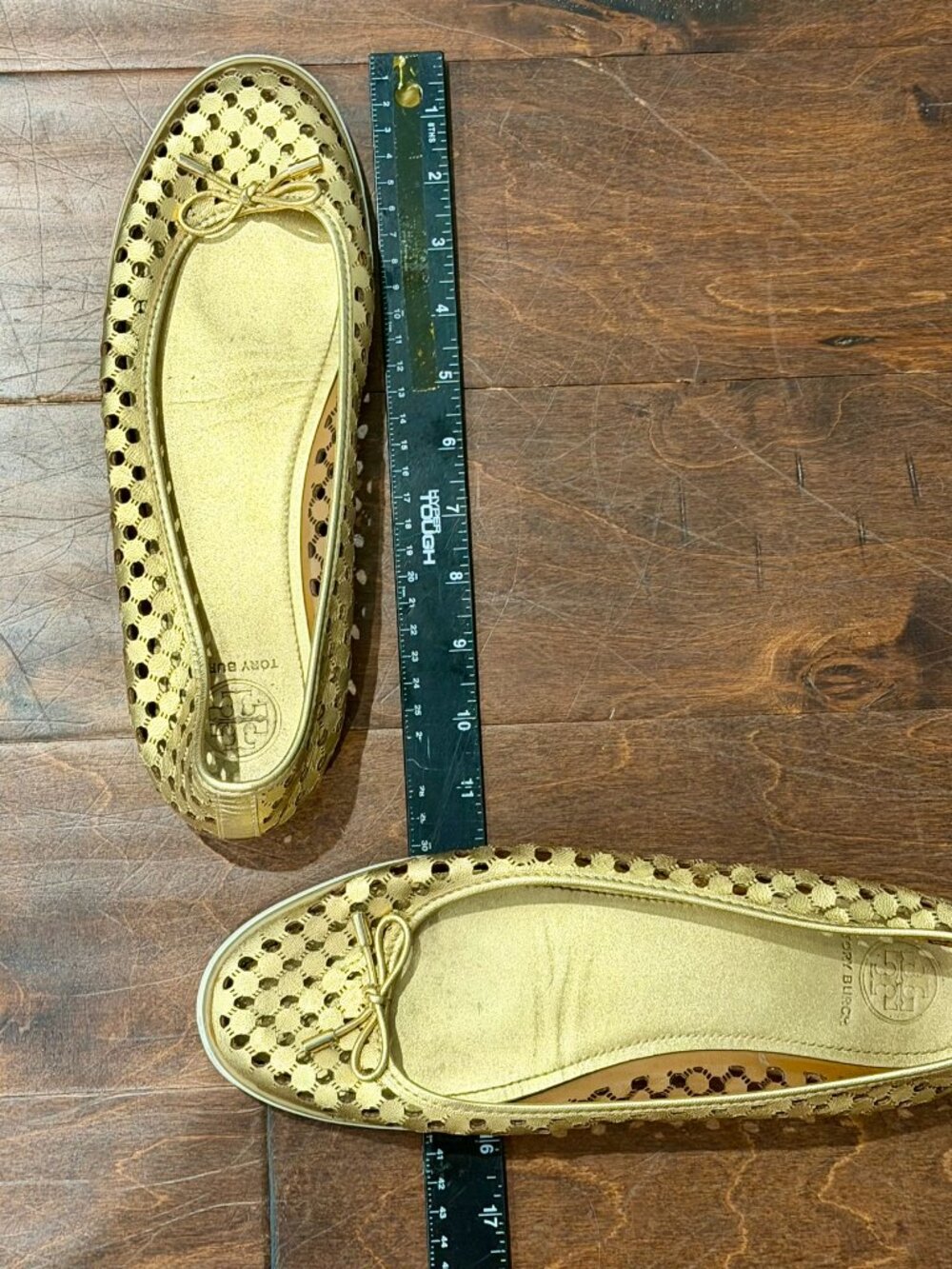 Tory Burch Skyler Ballerina Trainers Metallic Gold Perforated Leather - Picture 10 of 10